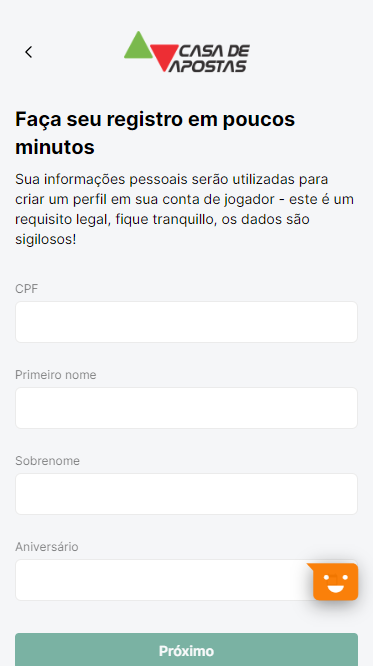 Formulário de inscrição na Casa de Aposta