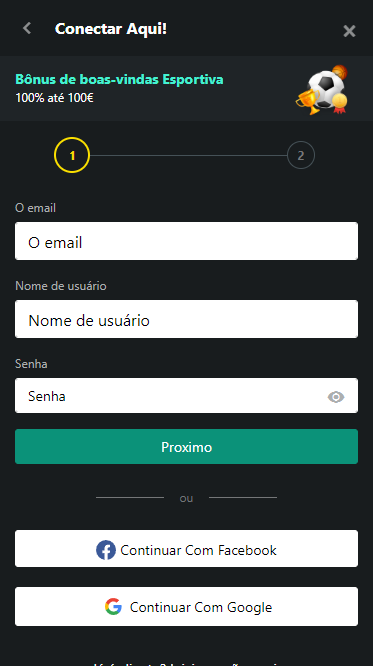 A primeira etapa do formulário de registo 1bet