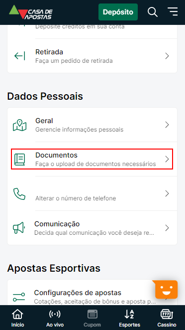 Secção de verificação no sítio Web da Casa de aposta