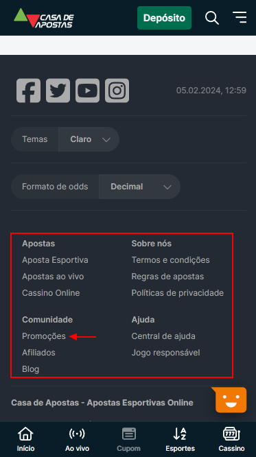 Menu adicional no sítio Web da Casa de aposta