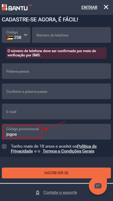 O campo para introduzir o código promocional "jogos"