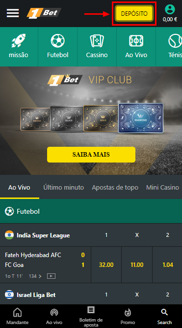 Botão de depósito no site 1bet