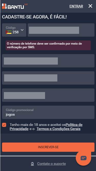 Formulário de inscrição Bantubet