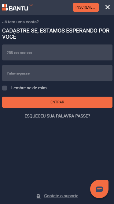 Formulário de login da conta de jogador Bantubet