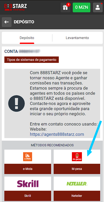 Depositar em 888starz via m-pesa