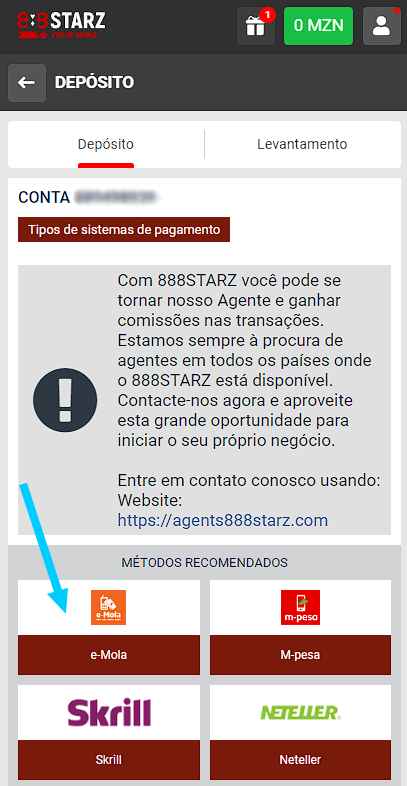 depósito no 888starz via e-mola