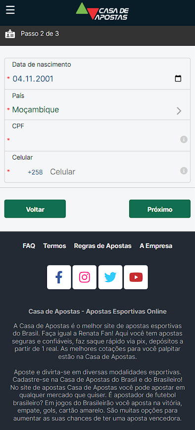 Inscrição na casa de apostas Casa De Apostas segunda etapa