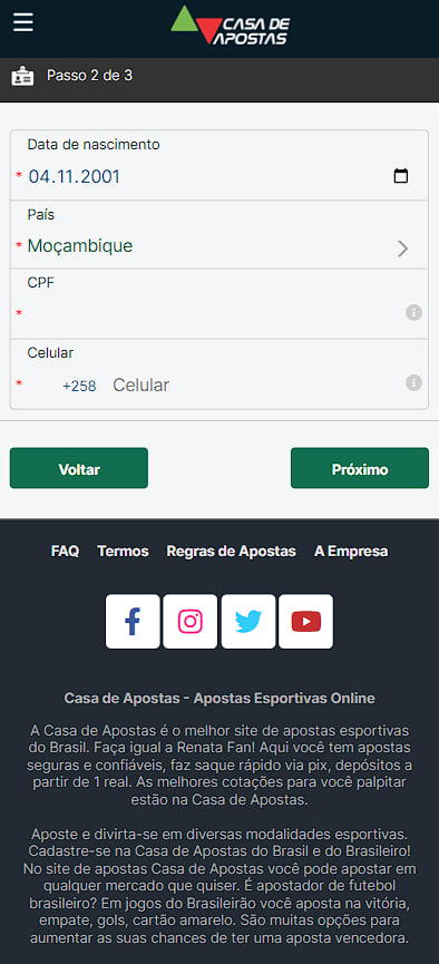 Inscrição na casa de apostas Casa De Apostas segunda etapa