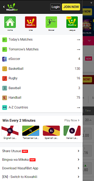 Wasafibet bookmaker's mobile site
