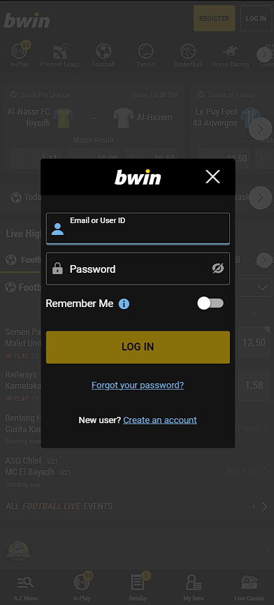 Bwin Login form