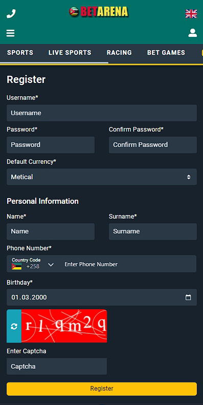 Betarena registration form