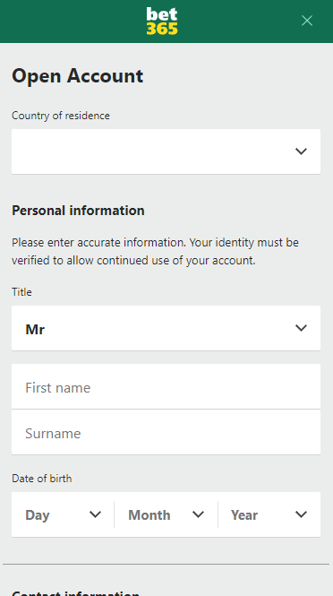 Fill in the Bet365 betting company registration form