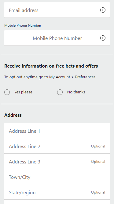 Fill in the Bet365 betting company registration form