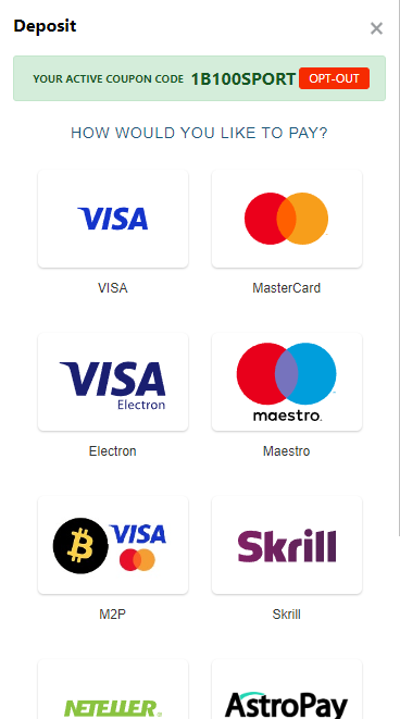 Payment methods at 1bet