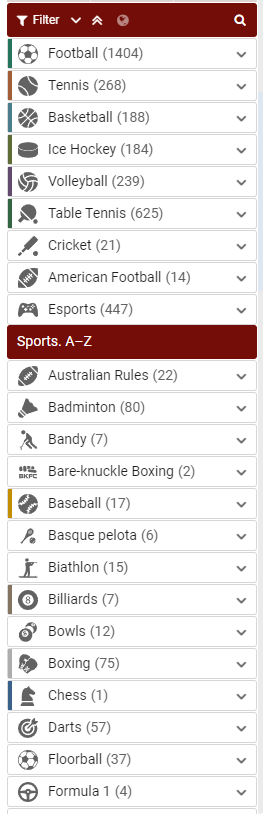 The menu panel with sports