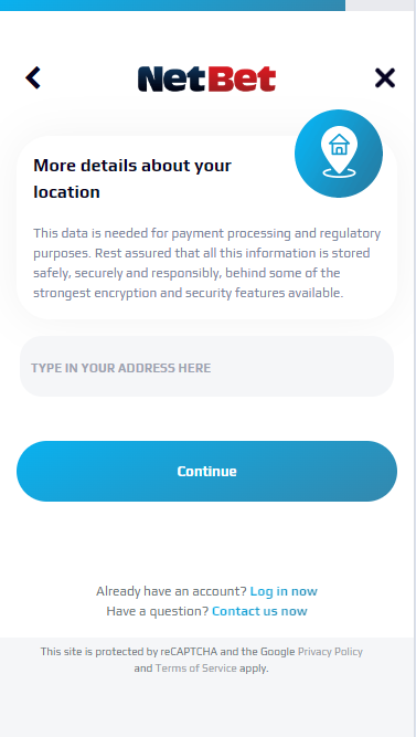 Registration form on the NetBet website