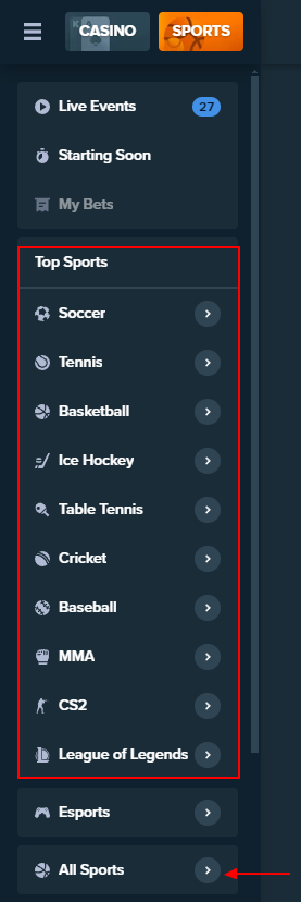 Sports categories at the Stake betting company