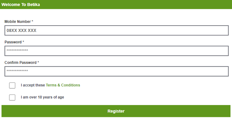 Betika registration form