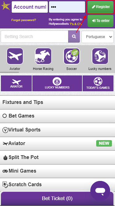 Register on the Hollywoodbets website