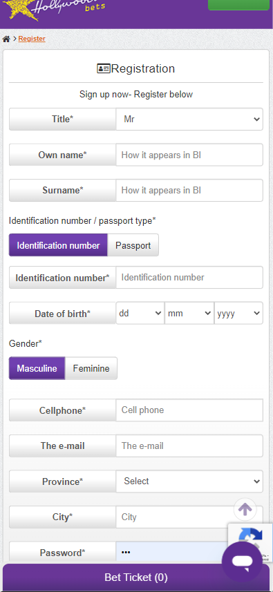 Register on the Hollywoodbets bookmaker's website