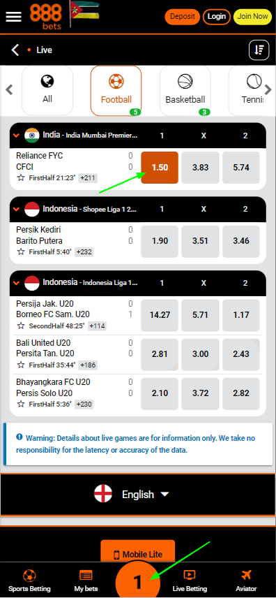 888bet odds selection