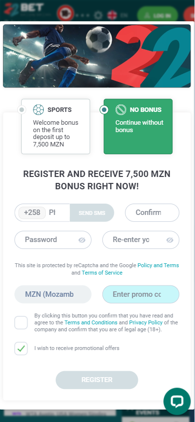 22bet registration form