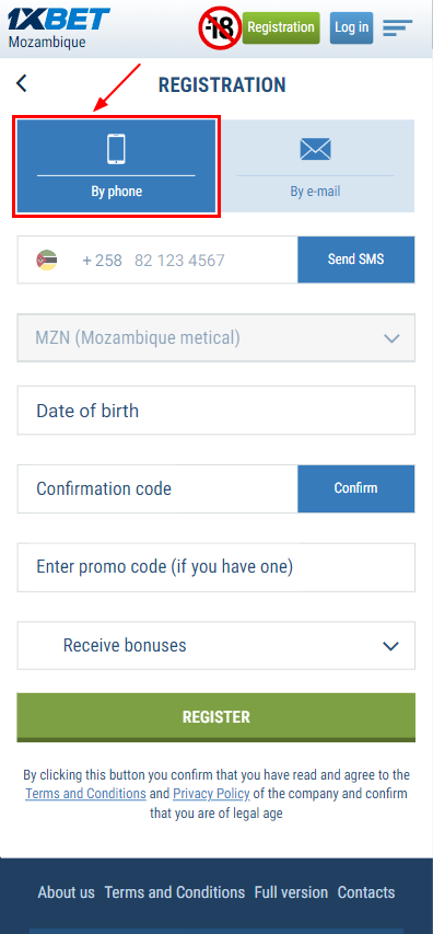 Registration by 1xbet phone number