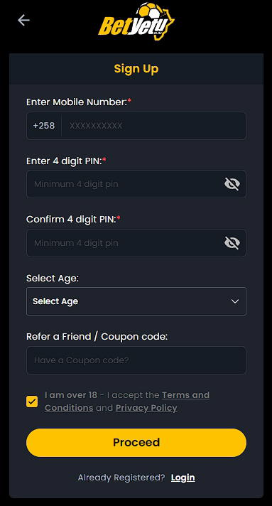 BetYetu registration form