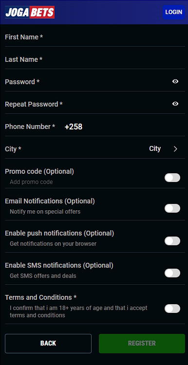 JogaBets registration form