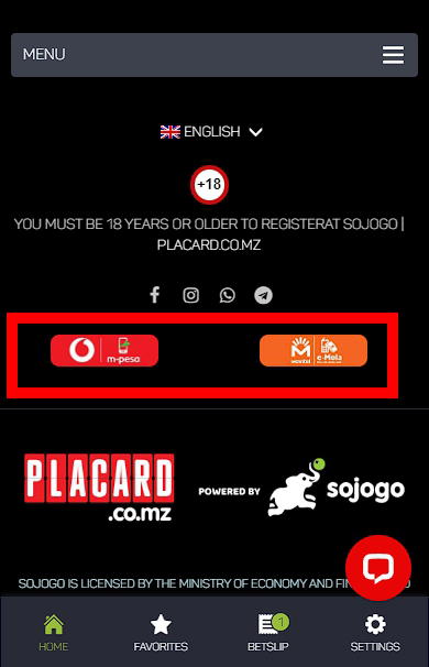 Placard bookmaker payment systems M-Pesa, e-Mola