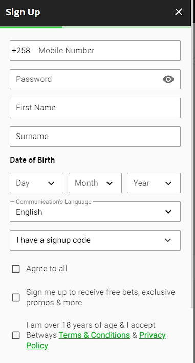 Betway registration form