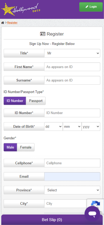 Hollywoodbets Registration Form