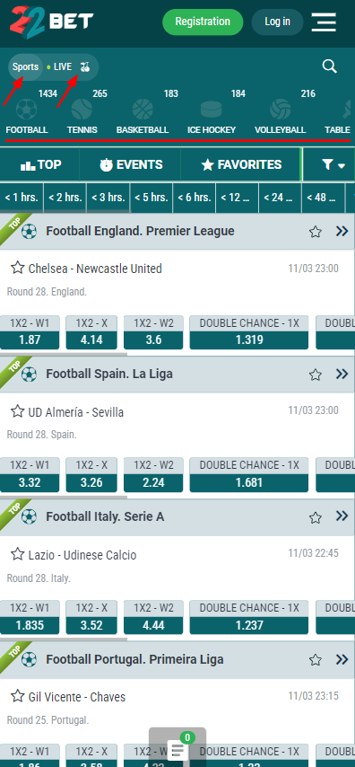 Live, sports betting, 22bet bookmaker's main menu