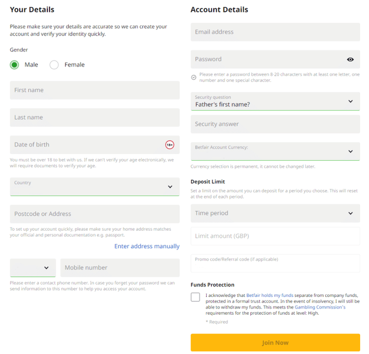 The first step of Betfair registration 