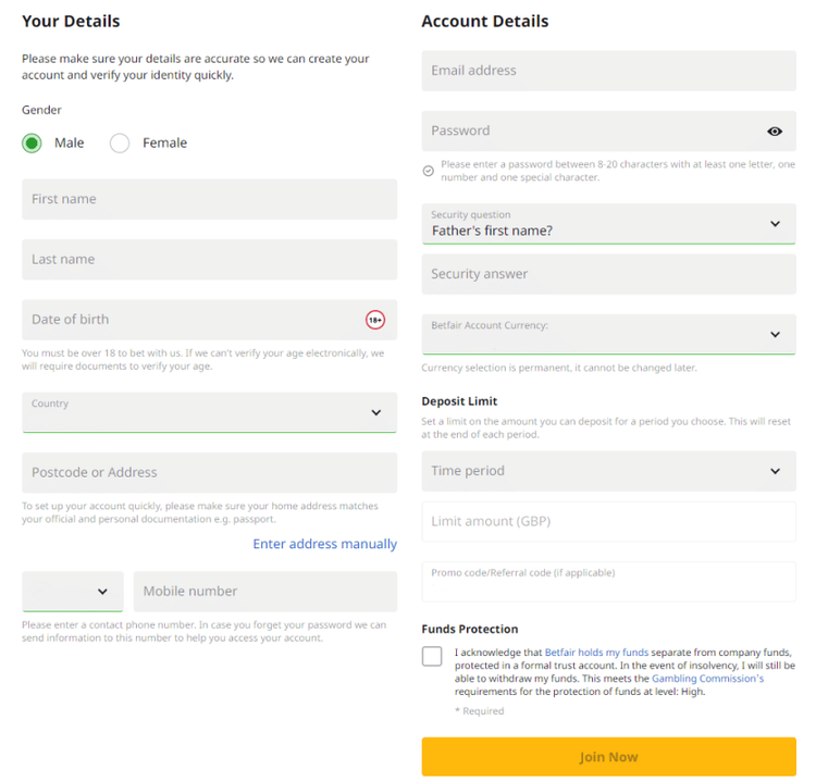 Instructions on how to register with the Betfair betting company