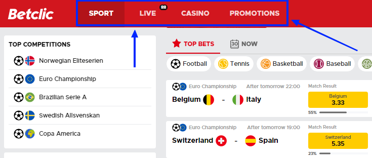 Betclic's top menu