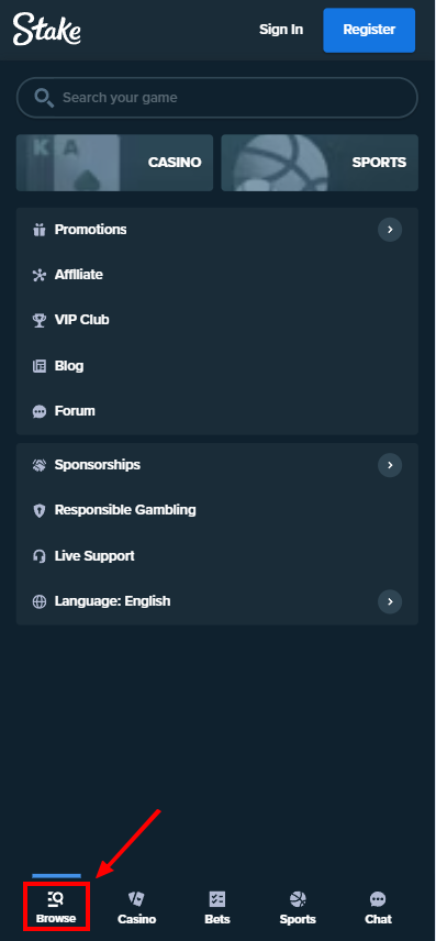 The "Browse" section in the Stake bookmaker