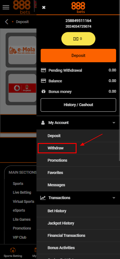 888bet "Withdrawal" button