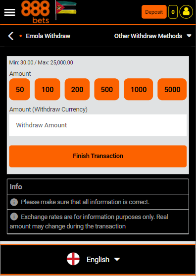 Withdrawal form via e-Mola 888bet