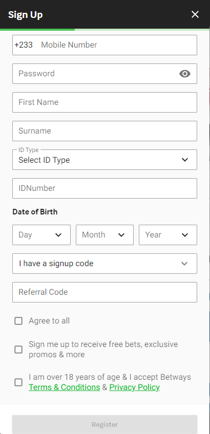 Betway registration form