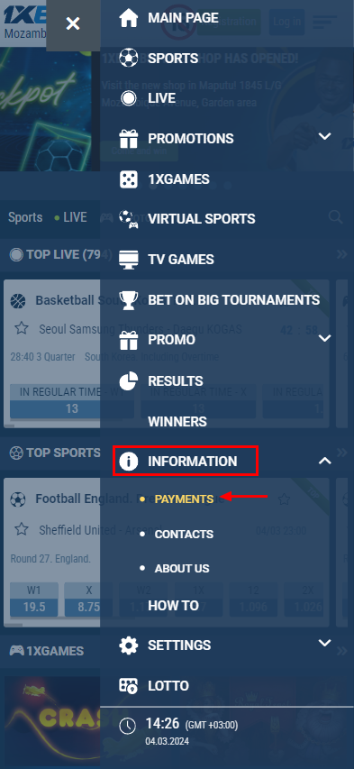 1xBet's "Payments" section