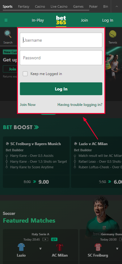 Instructions on how to enter your Bet365 login and password