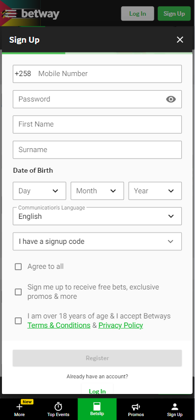 Betway registration form