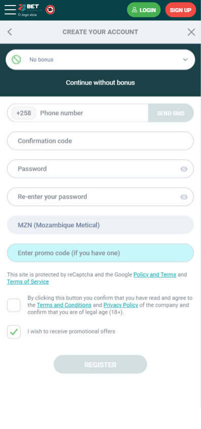 22Bet registration form