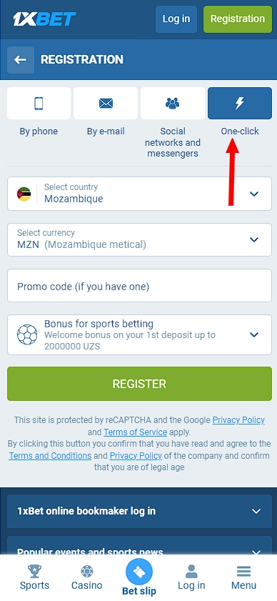 1xBet one-click registration