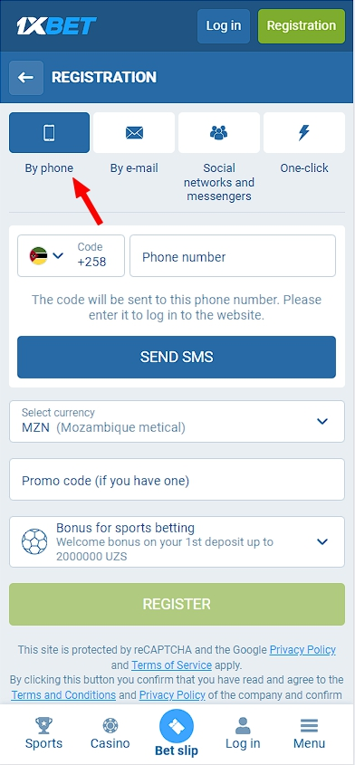 1xBet registration by phone 