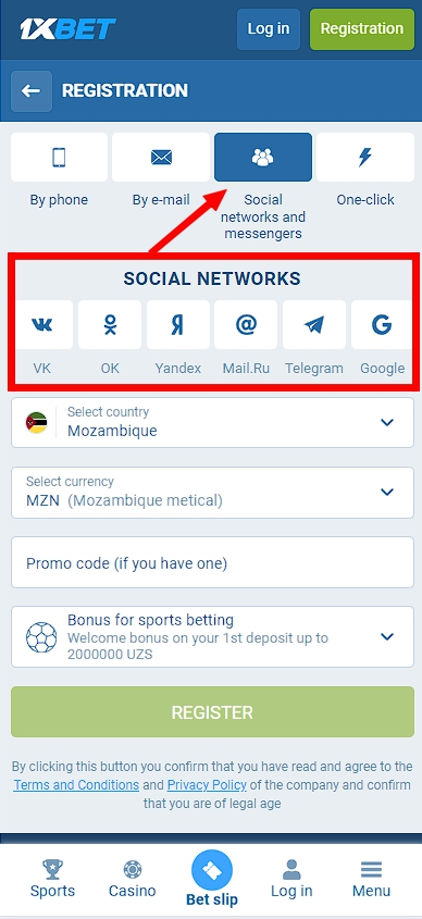 1xBet registration by social networks and messengers 