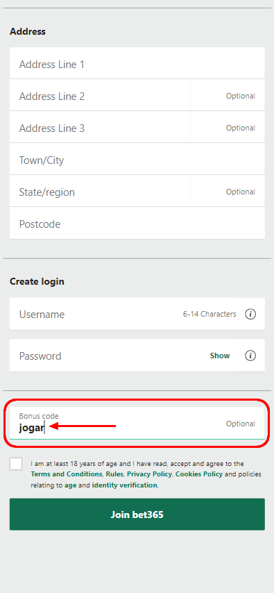 Bet365 promo code input field