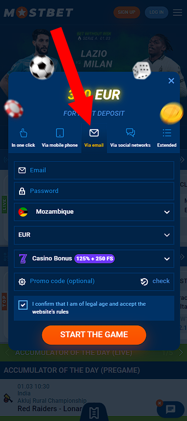 Registering Mostbet via email