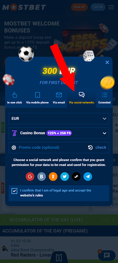 Registering for Mostbet via social networks